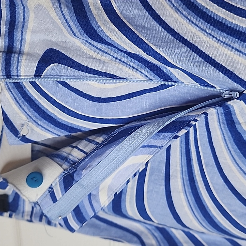 Zara Blue White High Waist Flare Slit Leg Wavy Swirl Linen Blend Pants - Picture 3 of 12